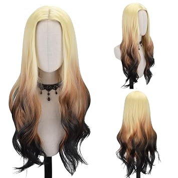 FREE BEAUTY Long Golden Brown Ombre Wavy Wig for Women Middle Part Curly Wavy Wig Natural Looking Synthetic Heat Resistant Fiber Wig for Daily Party Use 26 inch