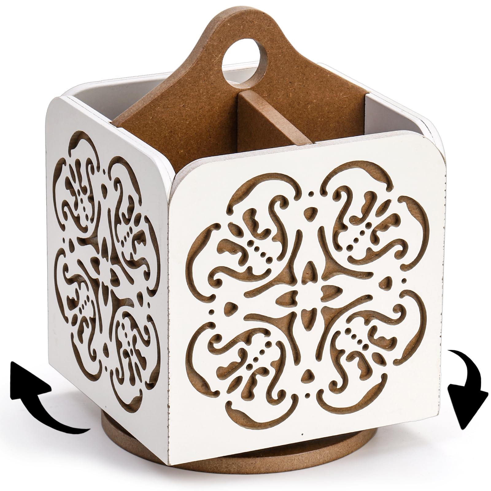 Cididu360° Rotating Utensil Holder for Countertop, Decorative Cooking Utensil Caddy Crock, 4 Compartment Kitchen Utensil Organizer, Stable Utensil Cutlery Holder for Farmhouse Kitchen Decor