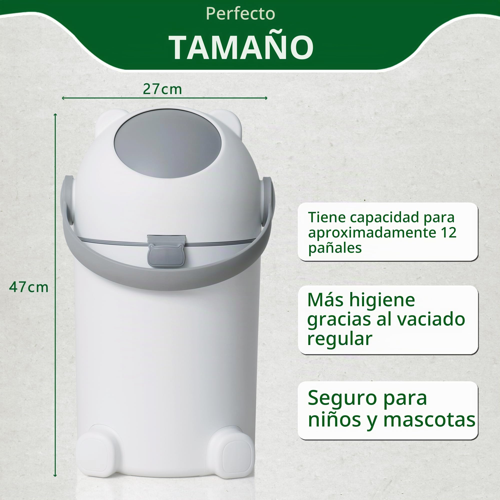 Cubo de pañales con protección contra olores, 12 l, manejo con una sola mano, bolsa universal, diseño de oso n2, color blanco y gris