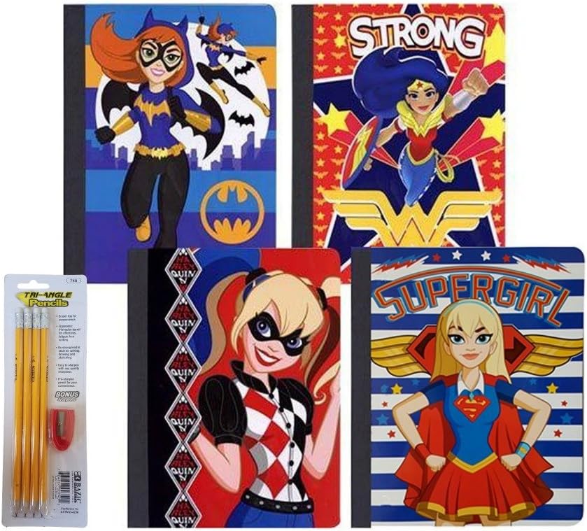 DC Comics Super Hero Girls Composition Notebook Bundle - Back to School Supplies Include - 4pk Composition Notebooks and Pre-Sharpened Pencils with Sharpener!!