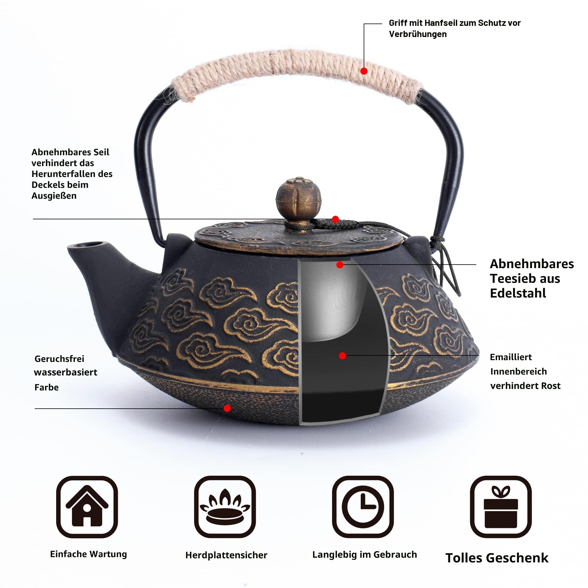 Gusseisen-Teekanne, japanische Teekanne mit Infuser für losen Tee, 800ml Teekessel für Herdplatten geeignet, mit emailliertem Innenbeschichtung, Wolkenmuster, 27oz Schwarz