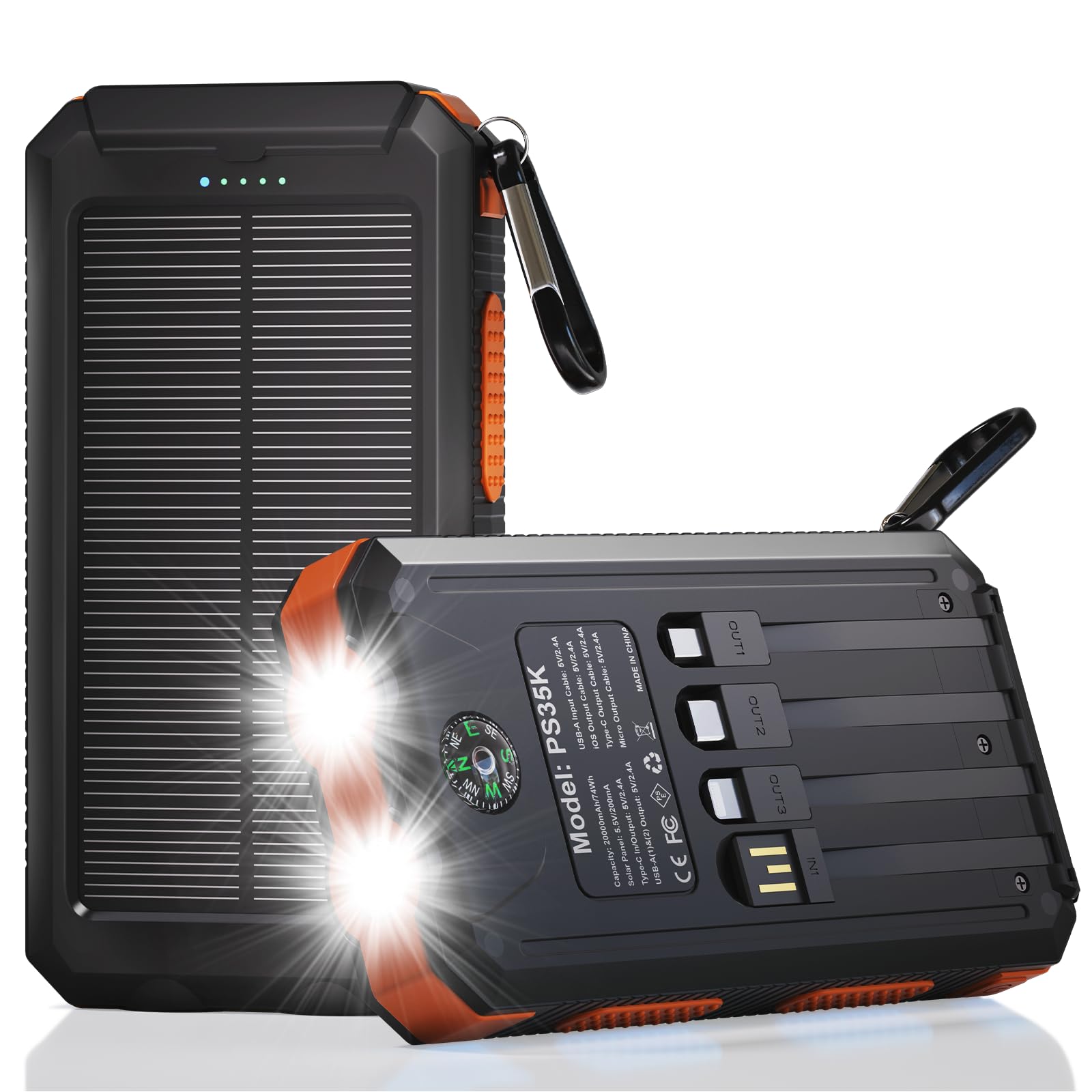 Durecopow Solar Charger Power Bank 20,000mAh, Portable Charger, 4 Cables 3 Ports Fast Charging External Battery Pack with USB C for Cell Phones, Solar Panel Charger with Dual Flashlight for Camping