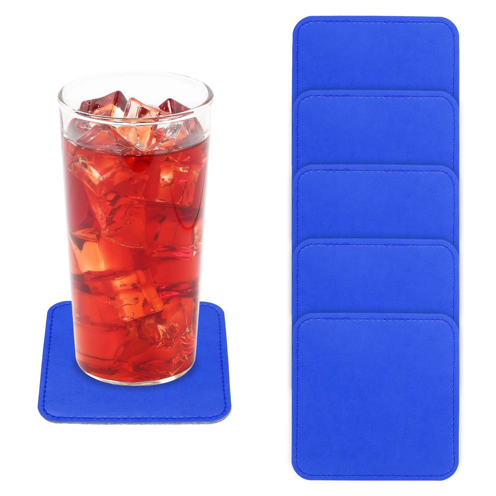 sourcing map 5Pcs PU Leather Coasters, 4x4" Square Drink Coasters Heat Resistant Water Absorbent Non Slip Cup Mat for Home Office Kitchen Bar Coffee Table Housewarming Gifts Decor, Dark Blue