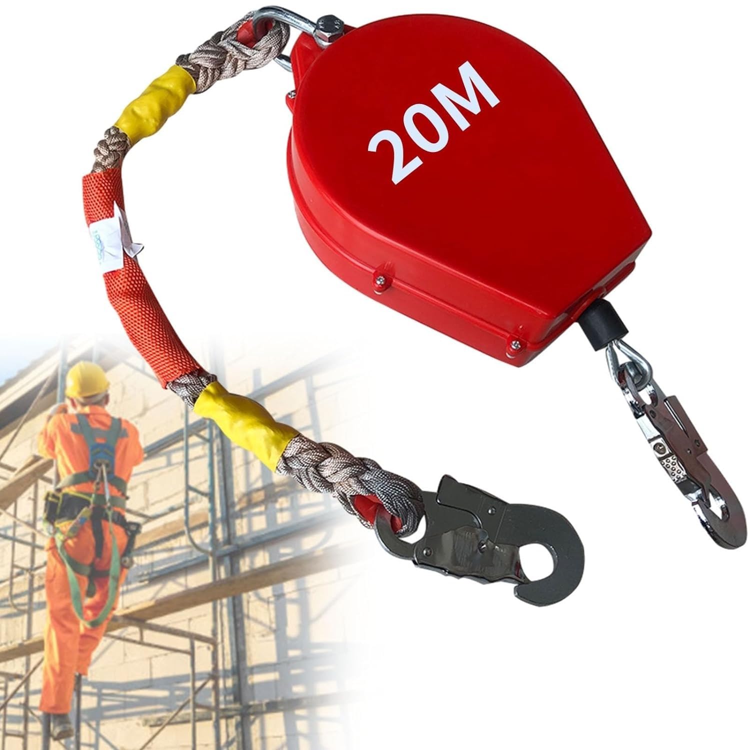 Dispositivo Anticaídas Retráctil, Arnes de Seguridad Anticaídas Retráctil con Gancho Autoblocante, 3m/5m/10m/15m/20m Línea de Vida Autorretráctil para Trabajos en Alturas y Tejados, Carga: 200kg ( Siz