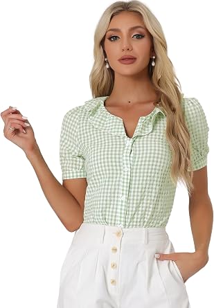 Allegra K Plaid Blouse for Womens Puff Sleeve Ruffle Peter Pan Collar Shirt Top