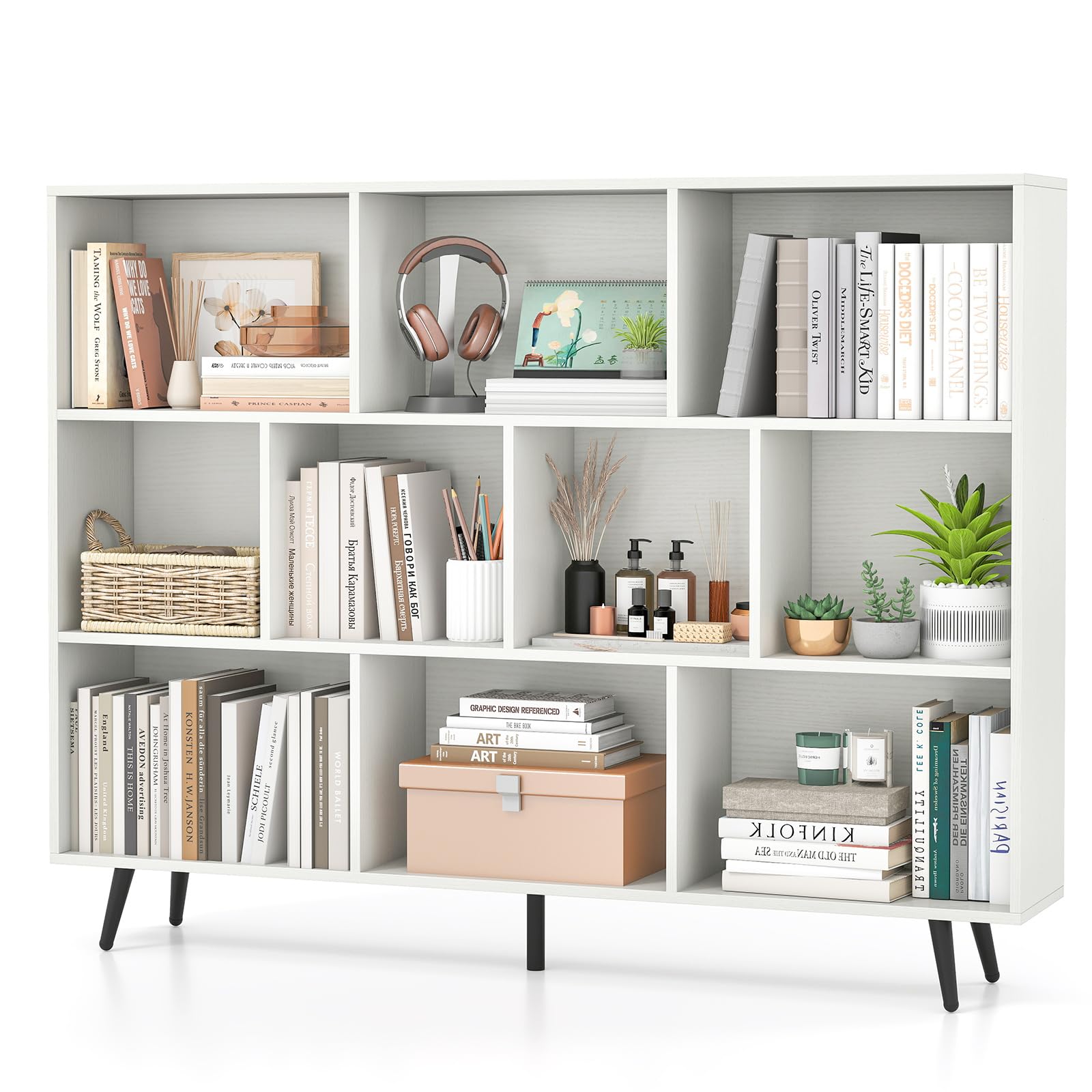 Tangkula 10-Cube Bookcase, Modern 55”L Storage Bookshelf with 5 Tapered Metal Legs & 2 Anti-Tip Kit, Freestanding Display Rack for Living Room, Study