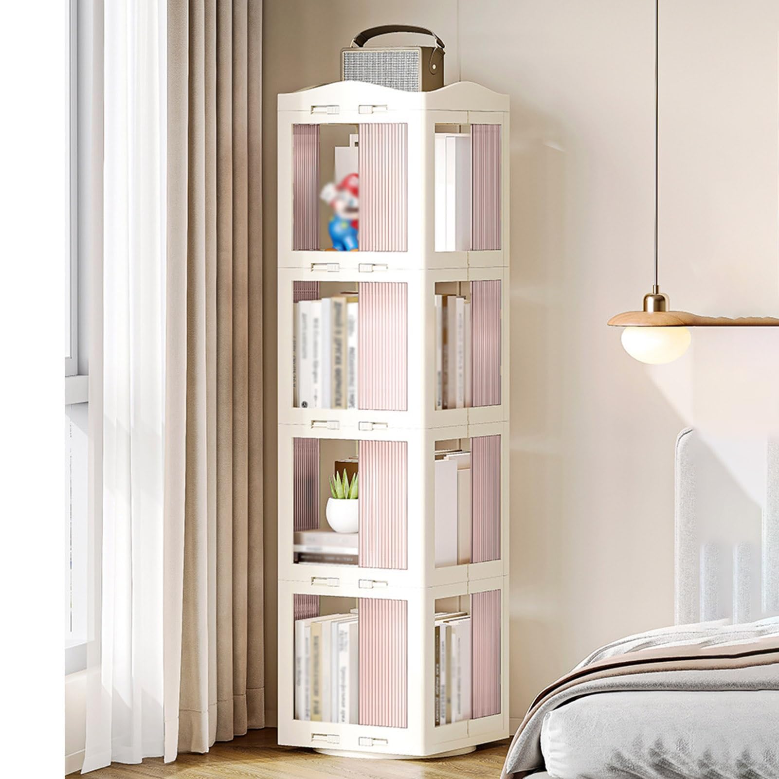 EFGETD 5 Tier 360° Rotating Bookshelf Foldable, Dust-proof Large Capacity Storage Rack ABS Floor Standing Bookcase Display Cabinet Book Shelf for Living Room Bedroom(White,4th floor)