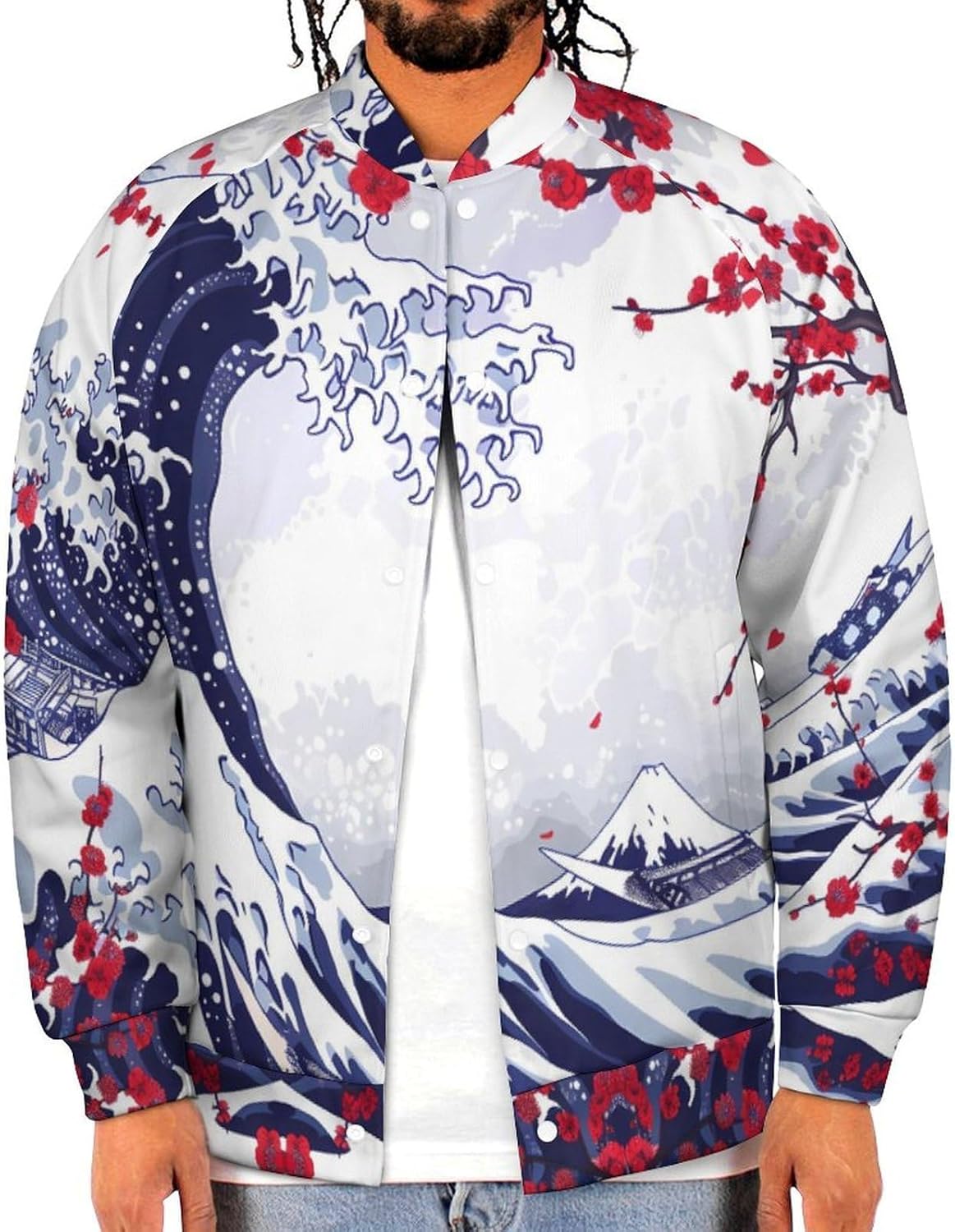 Japanese Great Wave Cherry Novelty Men's Baseball Jackets Causal Sweatshirt Button Top Long Sleeve Coat