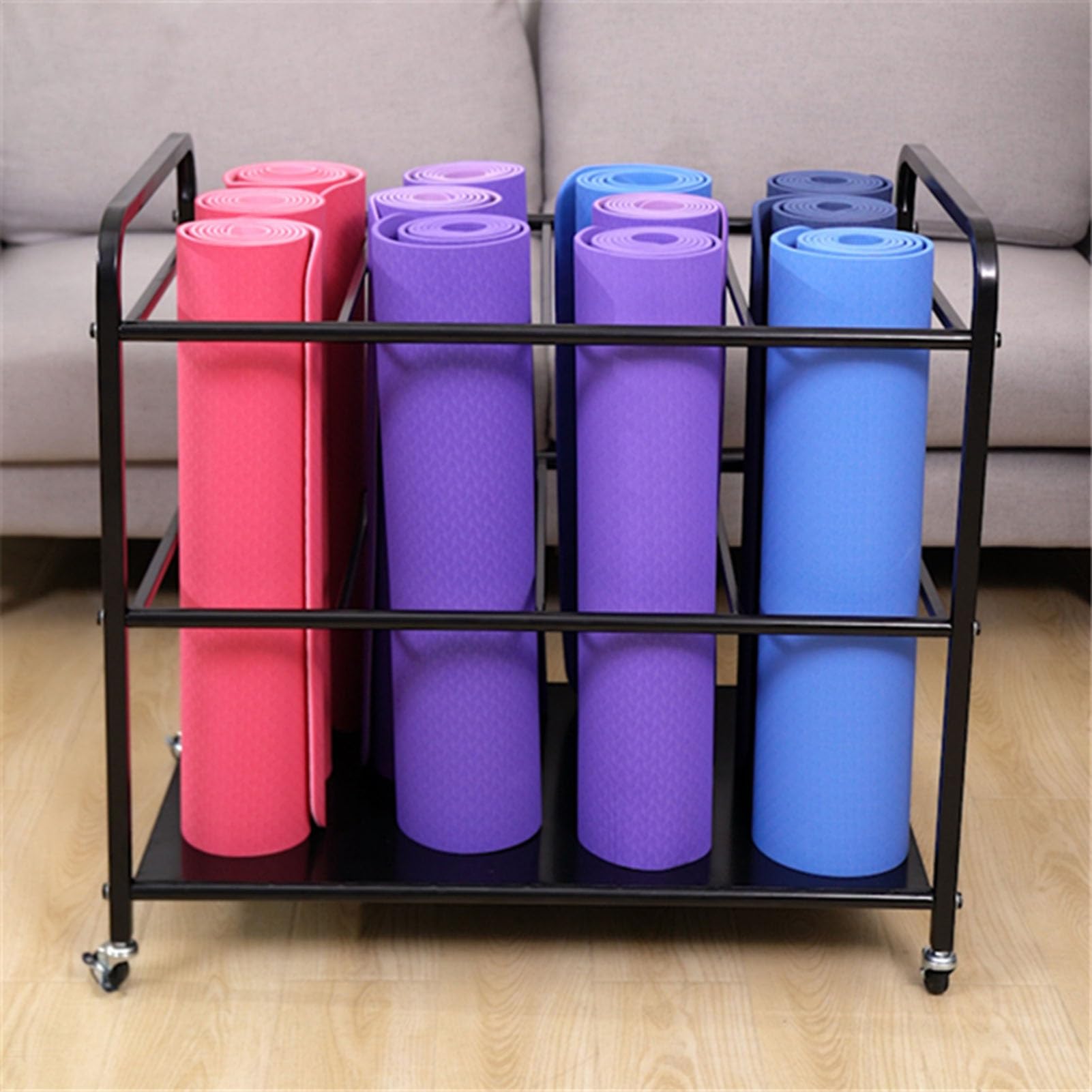 Cesta de almacenamiento para esterilla de yoga con ruedas para gimnasio en casa, perfecta para bloques de yoga, rodillos de espuma, bandas de resistencia, accesorios de ejercicio, solución de ahorro