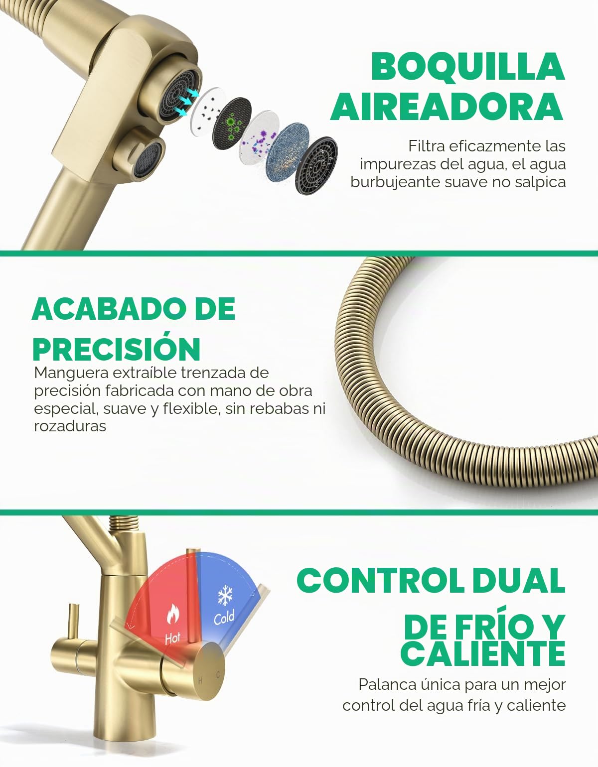 TIMACO Grifo de cocina dorado de 3 vías, giratorio 360°, con grifo 3 en 1 para filtro de agua, grifo de resorte en espiral, grifo de agua potable con doble palanca, alta presión, oro cepillado