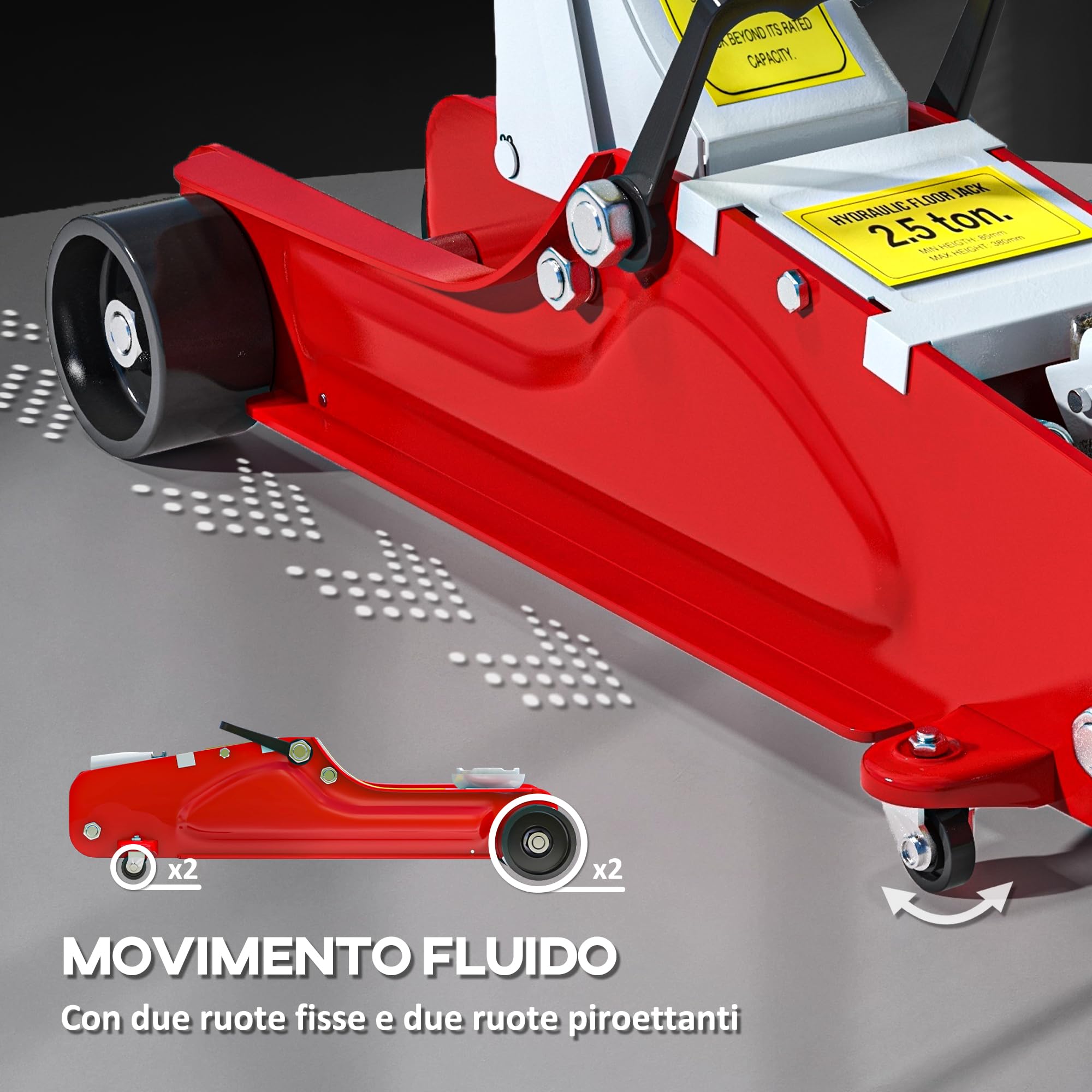 HOMCOM Cric Idraulico a Basso Profilo, Cric per Auto in Acciaio Rinforzato con Capacità 2.5 Tonnellate, Sollevamento 8-38cm, Rosso