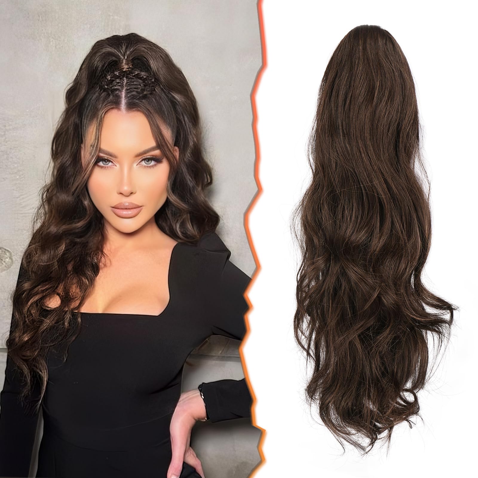 BARSDAR Claw Clip Brown Ponytail Extension - Wavy Brown Ponytail Extensions for Women - 20 Inch Long Wavy Ponytails Synthetic Claw Clip in Pony Tails