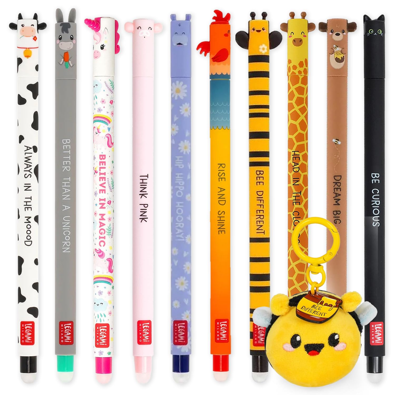 LEGAMI Erasable Gel Pen + Plush Key Chain Gift Set | Pack of 10 Pens with Thermosensitive Erase Ink, Range of Ink Colours, 0.7mm Tip | Cute Animal Theme Designs (Bee)