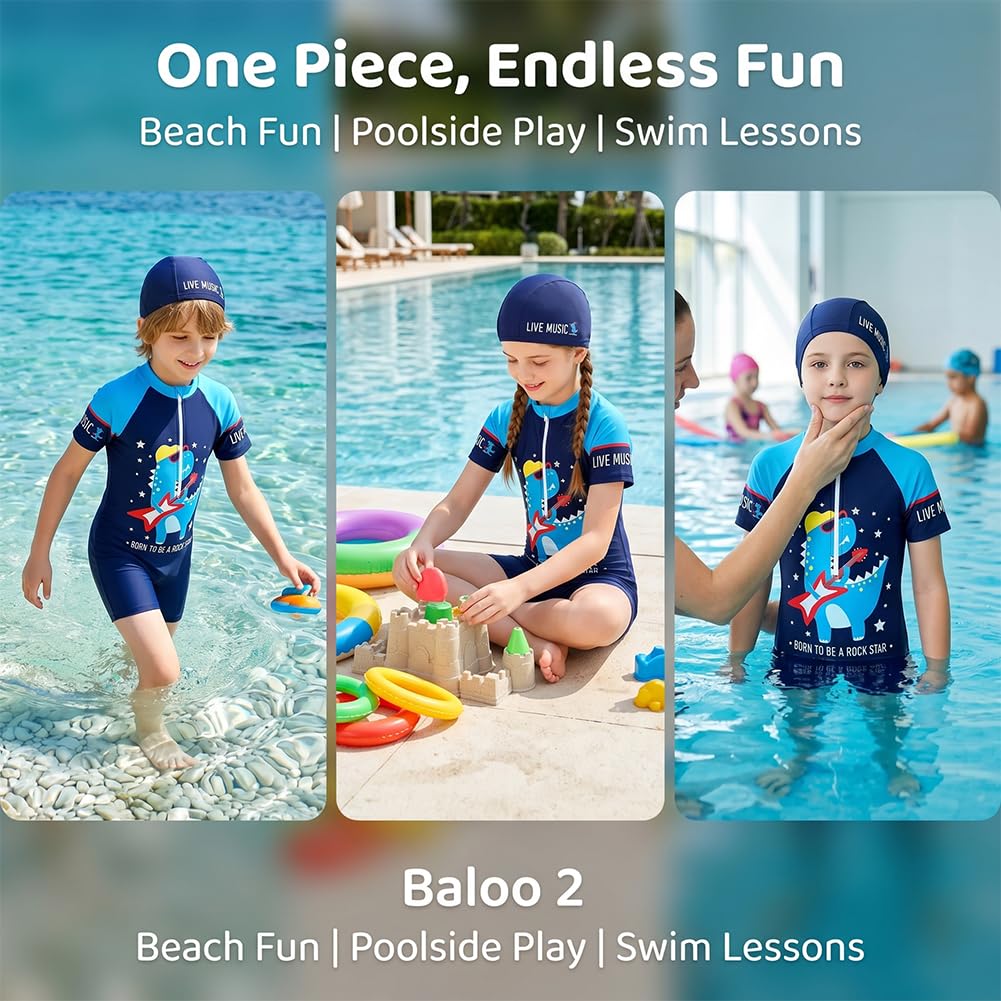 Garçons Enfants Maillot de Bain avec Bonnet 1 Pièce Anti-UV UPF 50+ Enfants Garçons Costume de Bain zippé à Manches Courtes 4-6 Ans Bleu Marine