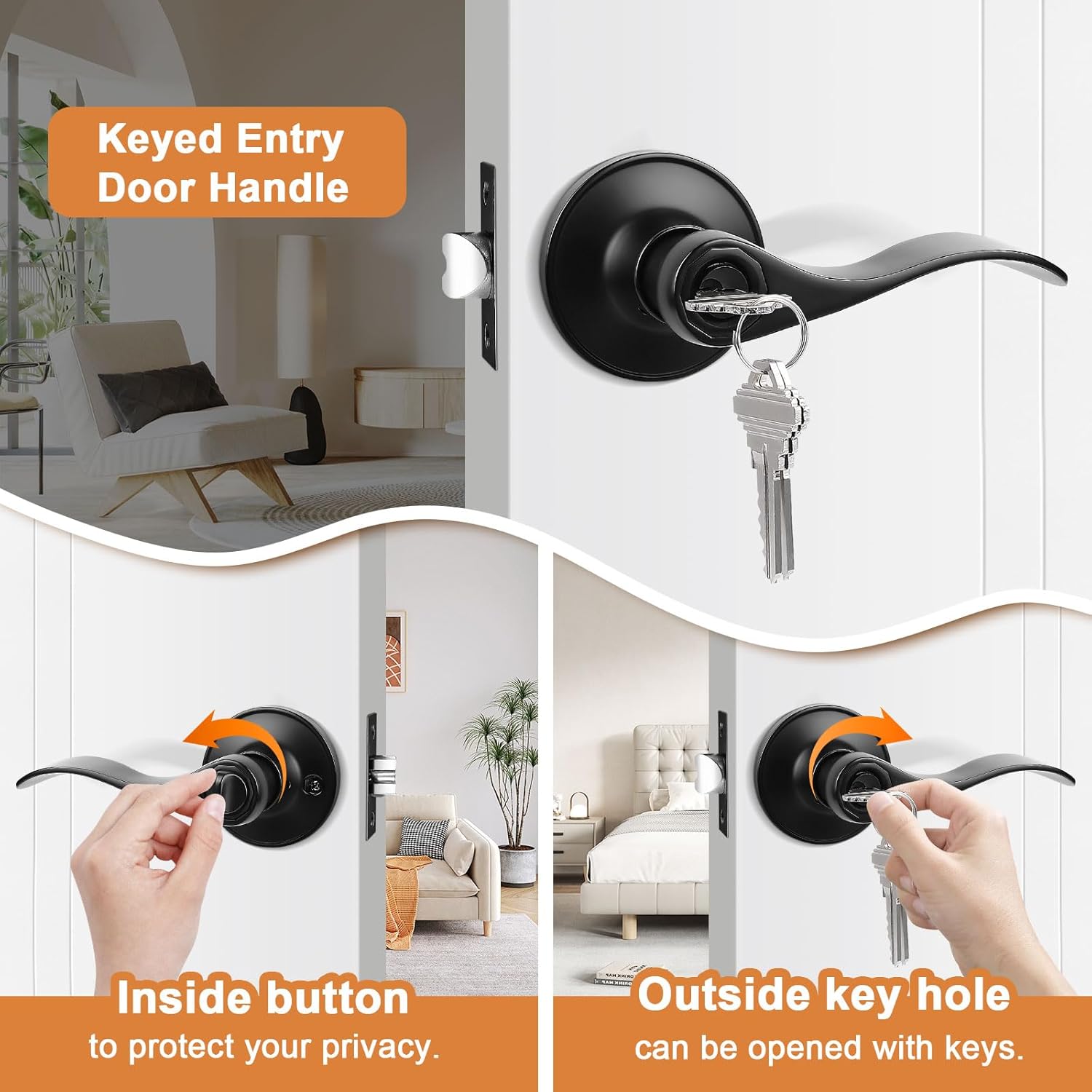 Probrico (4 Pack Black Entry Knobs with Lock and Key, Keyed Alike Lockset Combo Pack, Indoor and Outdoor Leversets, Reversible for Both Left and Right Open