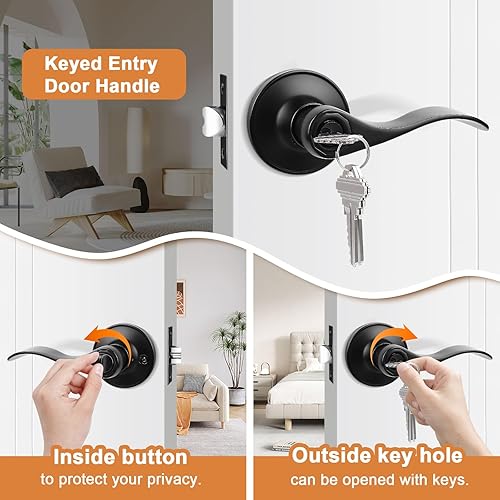 Miniatura 3 de Probrico Manijas de puerta de entrada de color negro mate con diferentes llaves, manijas de puerta de estilo ondulado para puertas interiores