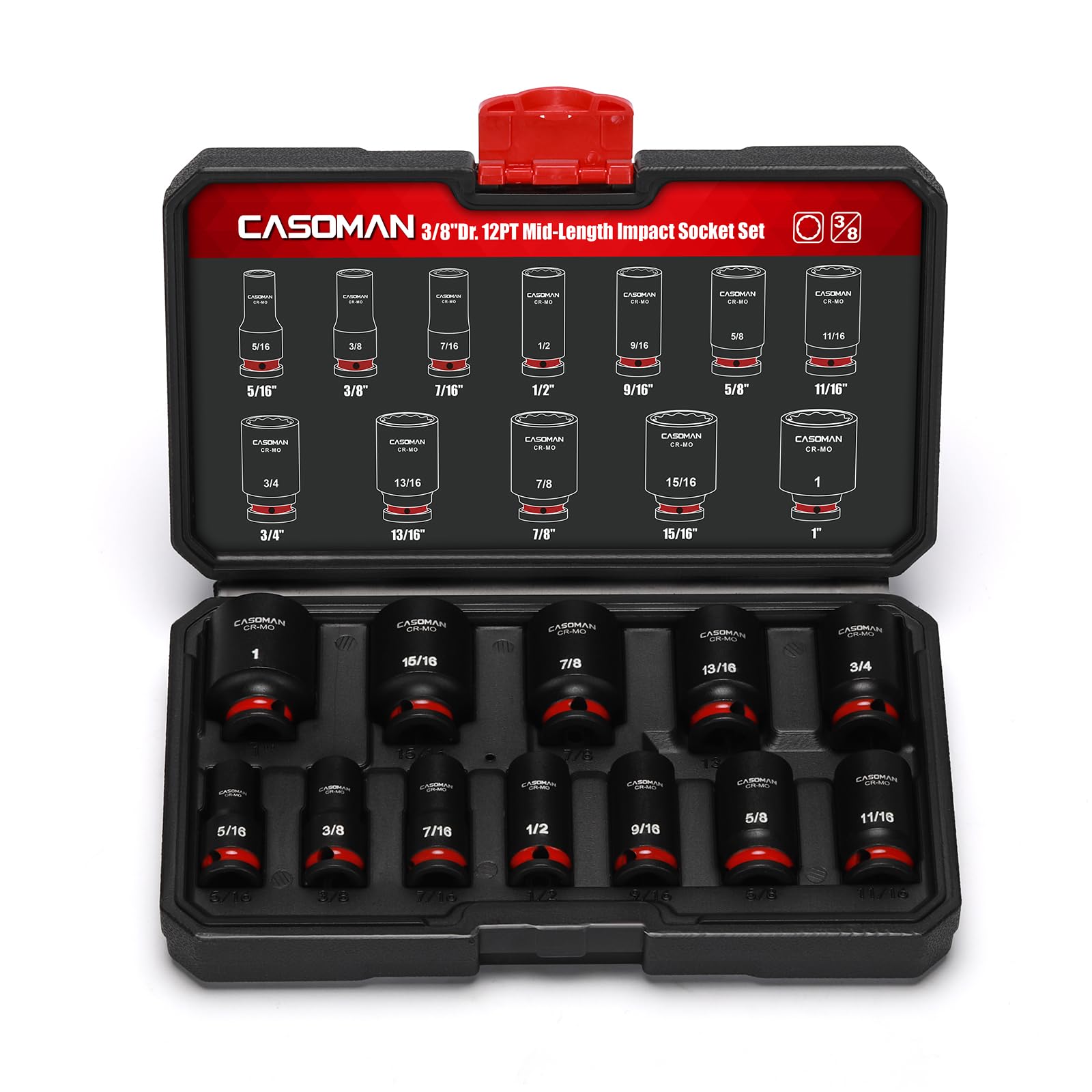 CASOMAN 12-Piece 3/8 inch Drive Mid-Length Impact Socket Set