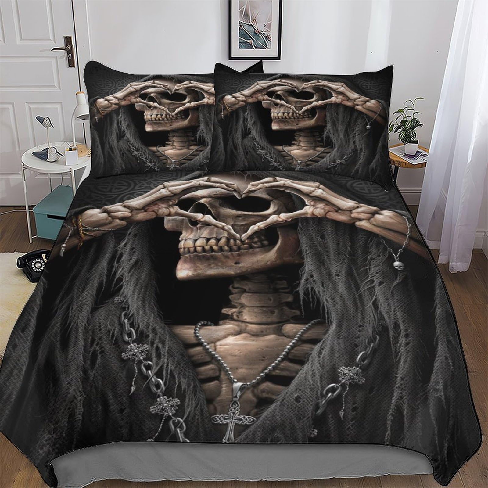 LLXXHH Gothic, Skeleton Duvet Cover Set with Pillowcases Printed Bedding Set Comforter Cover 3 Pieces Soft Microfiber Quilt Cover Double (200x200cm)