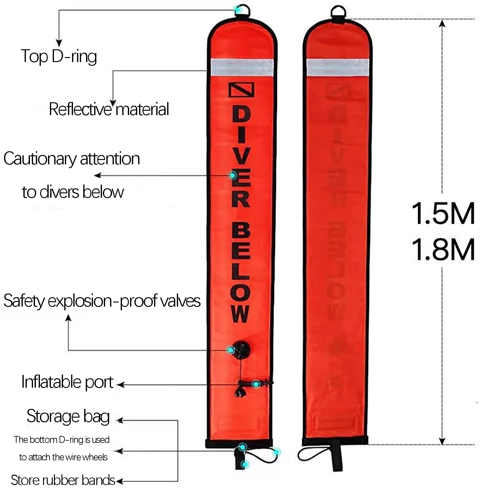 Boa di Segnalazione della Superficie per Immersioni subacquee 18cmX1,8m、15cmX1,5m con Gancio Girevole Tubo di Segnale Ugello Gonfiabile SMB Diver Accessori galleggianti