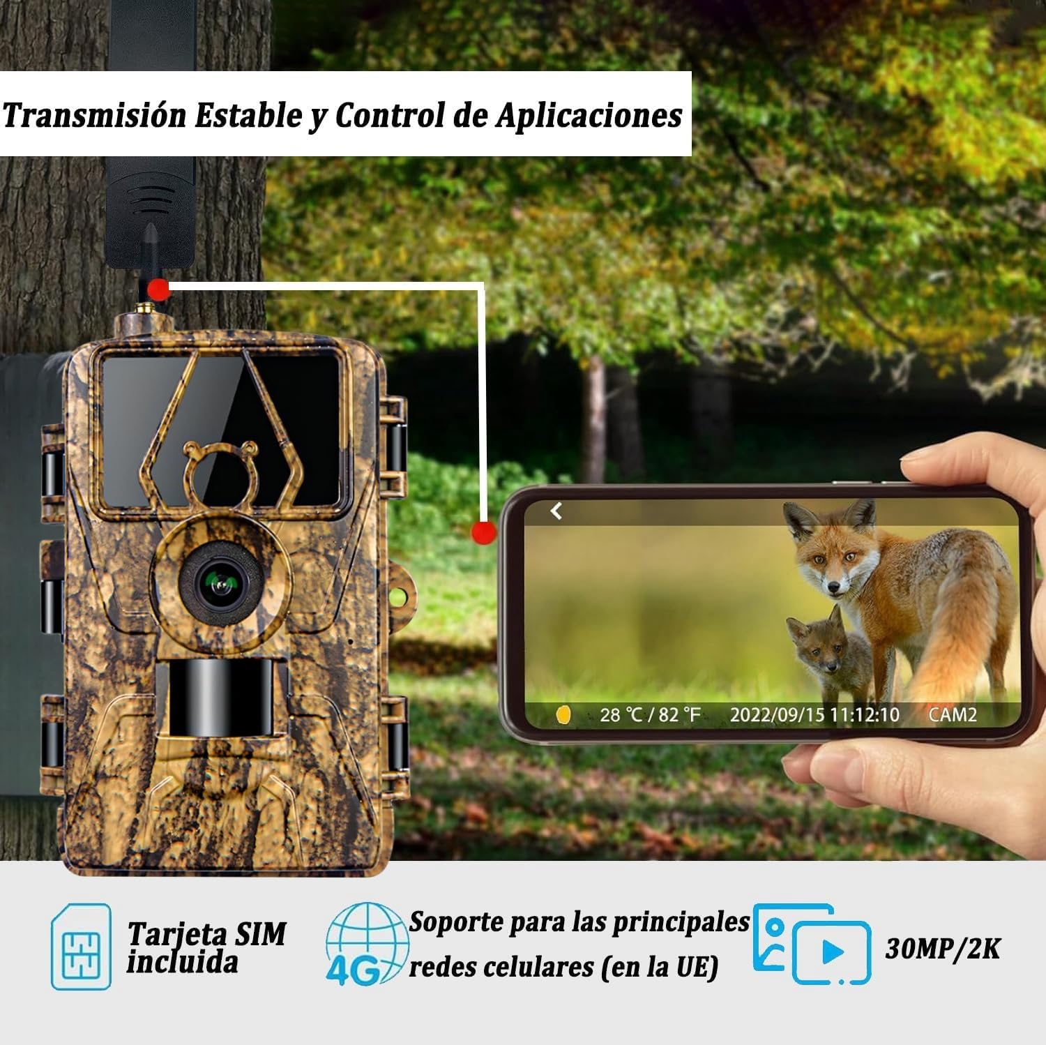 Cámara Fototrampeo 4G App 8K 60MP | Cámara Caza con SIM Envío de Fotos con Aplicación | Cámara Caza Nocturna 940nm IR LED | Tarjeta TF de 32 GB | Tarjeta SIM