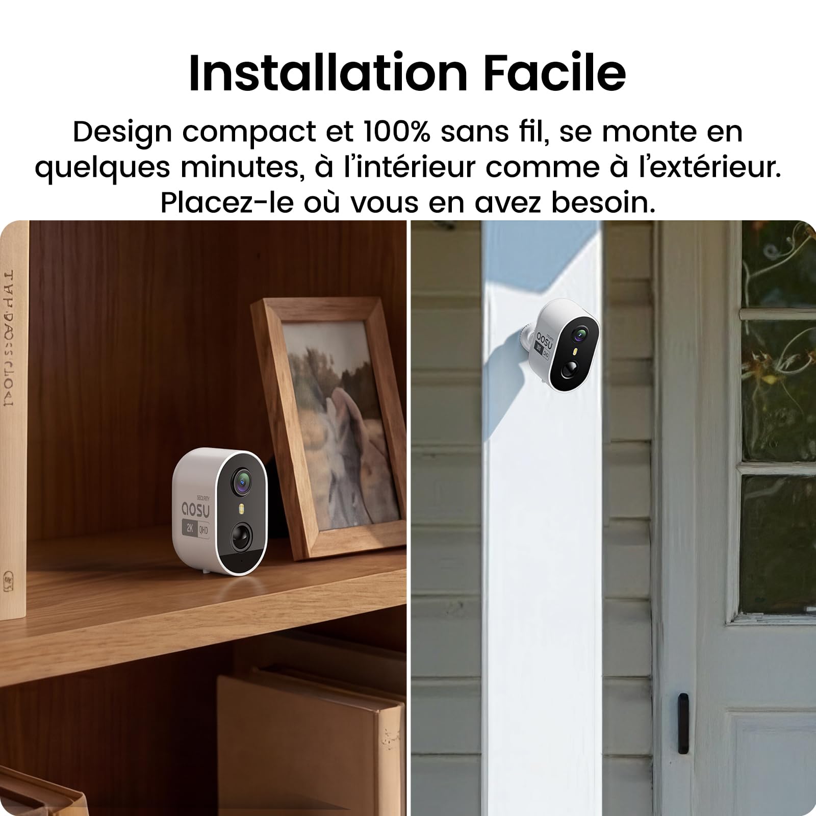 AOSU 2K Caméra Surveillance WiFi Extérieure Intérieur Sans Fil, 4 Cam Kit & 2.0 aosuBase, Sans Abonnement Requis, Extensible à 1 To, AI PIR Détection, Alarme Son et Lumière, Vision Nocturne en Couleur