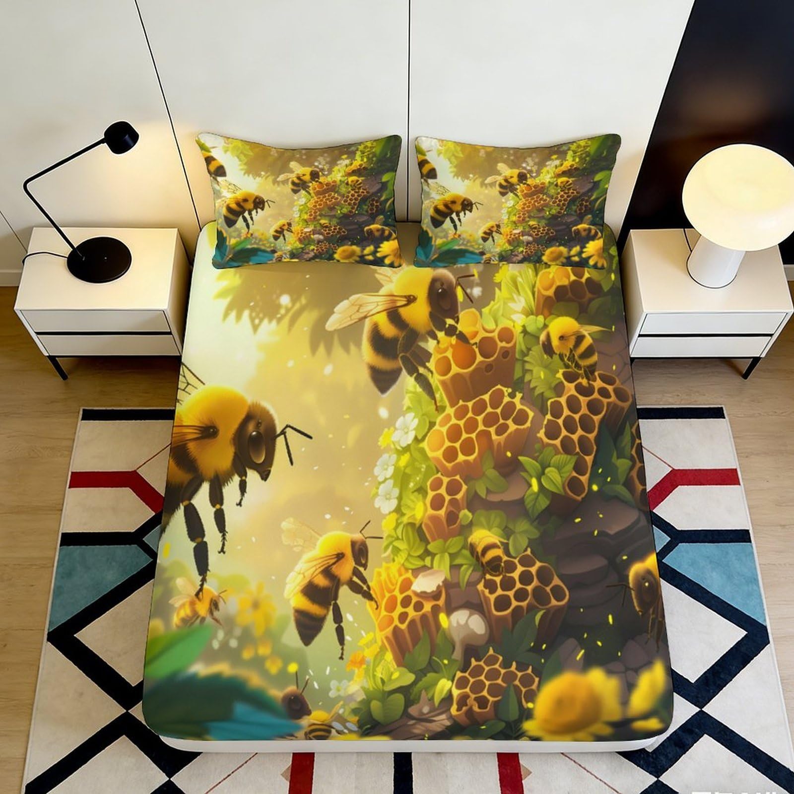 Pnayamiorkfel Style-9 3D Printed Honey Bee Fitted Sheet Microfiber Soft Decor Yellow Hive Mattress Cover For Bedroom Guest Room Dorm 90X200x25cm