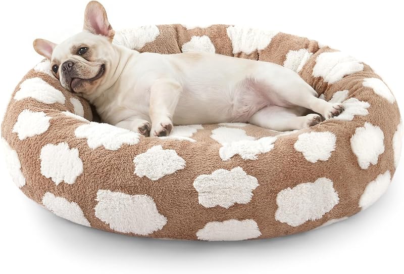 Cama redonda tipo donut para cães JOEJOY em jacquard marrom, capa removível lavável, 58,42 x 58,42 x 20,32 cm