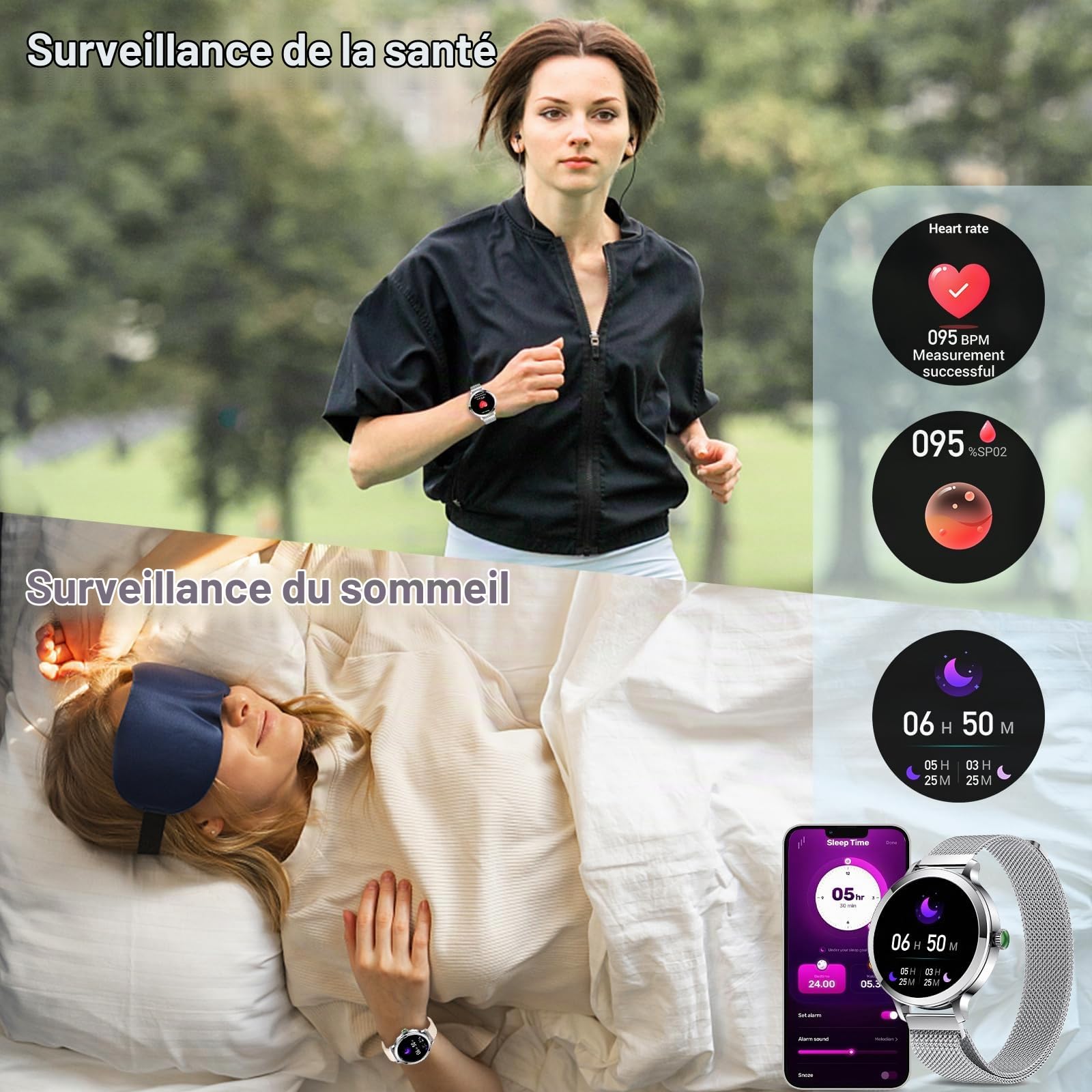 Efolen Montre Connectée Femme avec Appel Bluetooth, 1.1" AMOLED Ronde Smartwatch Moniteur de Sommeil Fréquence Cardiaque, 110+Sport Montre Intelligente, IP68 Podometre pour Android Argent