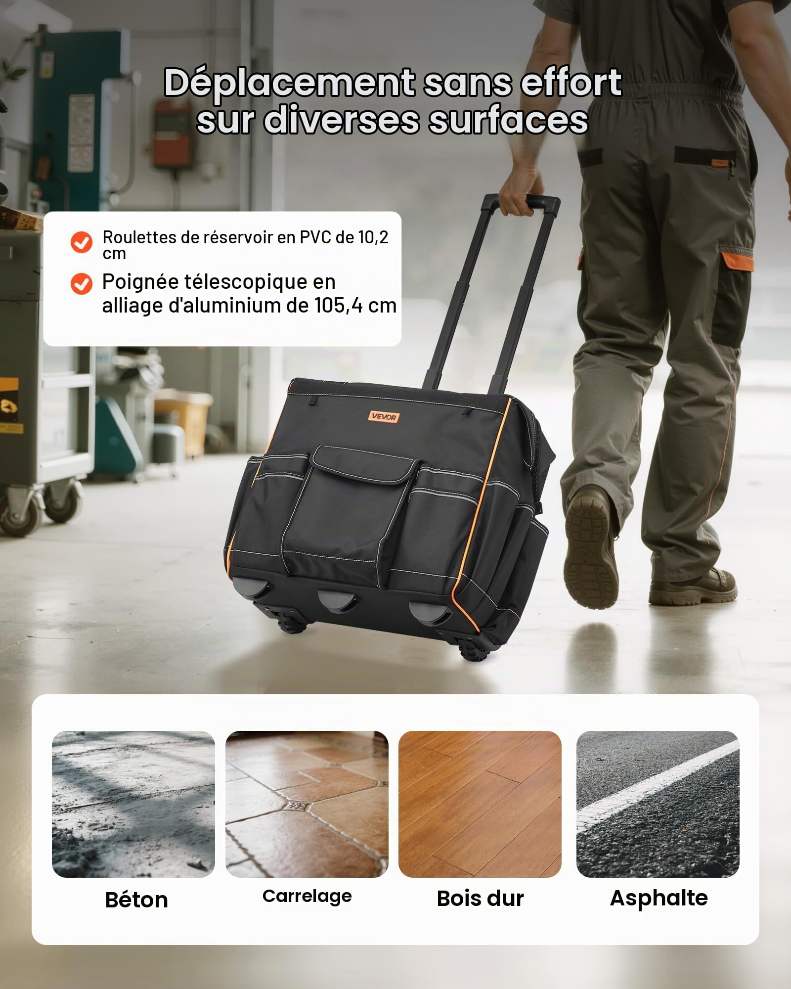 VEVOR Sac à Outils à Roulettes, Charge 50 kg, Caisse à Outil, 46x27x43 cm, avec 25 Poches, Poignée Télescopique, Base Stable, Sac Organisateur Outils Robuste pour Électriciens, Plombiers, Mécaniciens