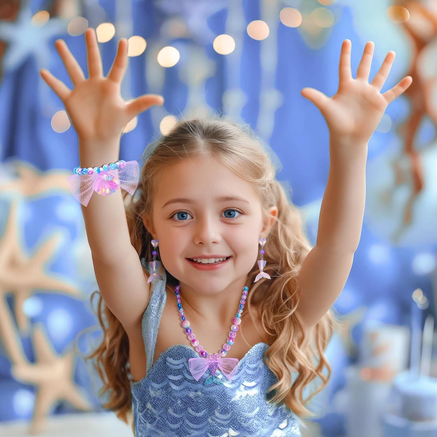 Mermaid Toys Princess Mermaid Jewelry for Girls Necklace Bracelet Ring Earrings for Kids, Mermaid Accessories Set for Girls Age 3-8 Mermaid Costume Birthday Party - Image 5