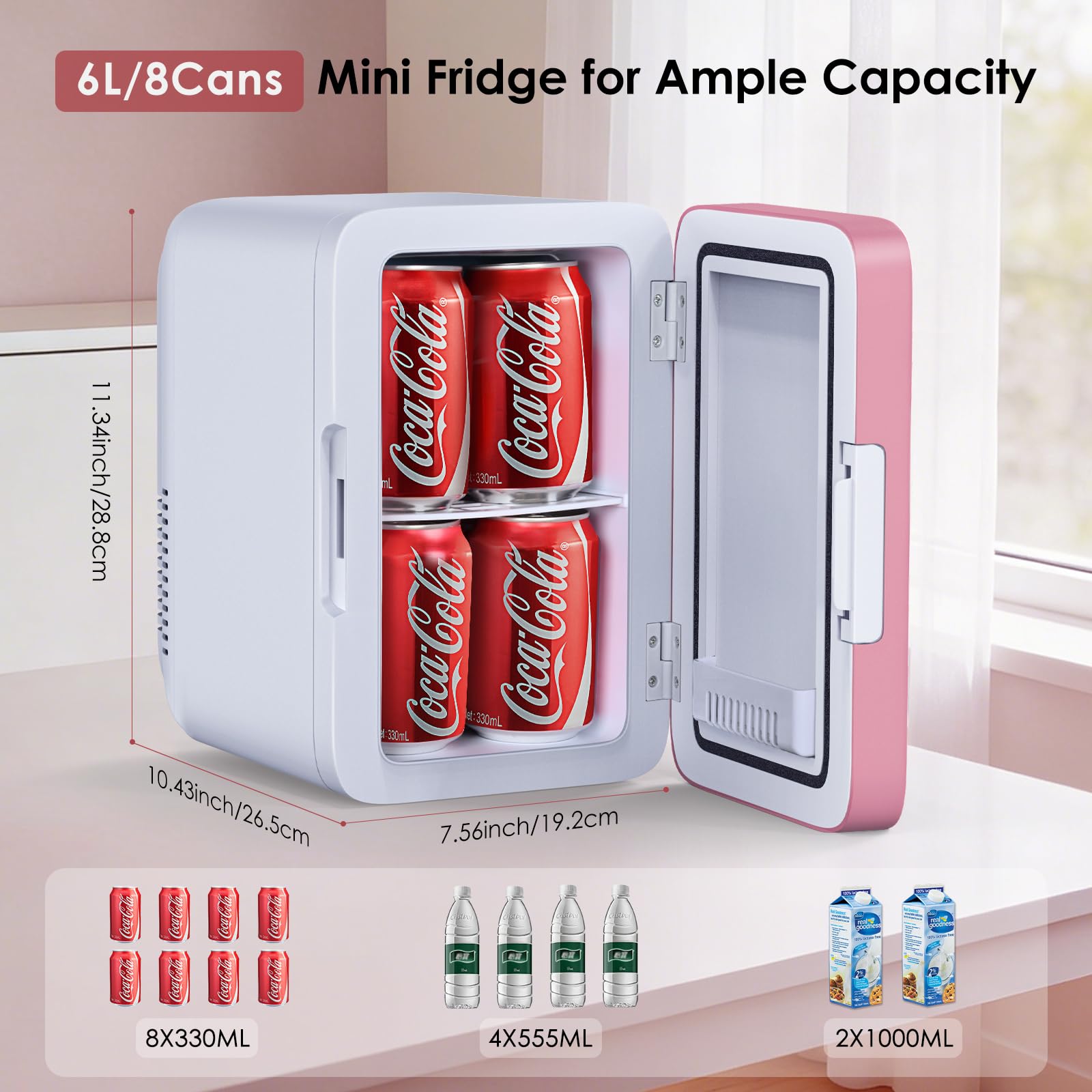 Astarama Nevera Pequeña,6 Litros/8 Latas, 220V AC/12V DC, Enfriador y Calentador Termoeléctrico, Mini Nevera Compatible Coche y Caravanas.Mini Frigorifico Para Bebidas, Cosméticos. (Rosa) - 2
