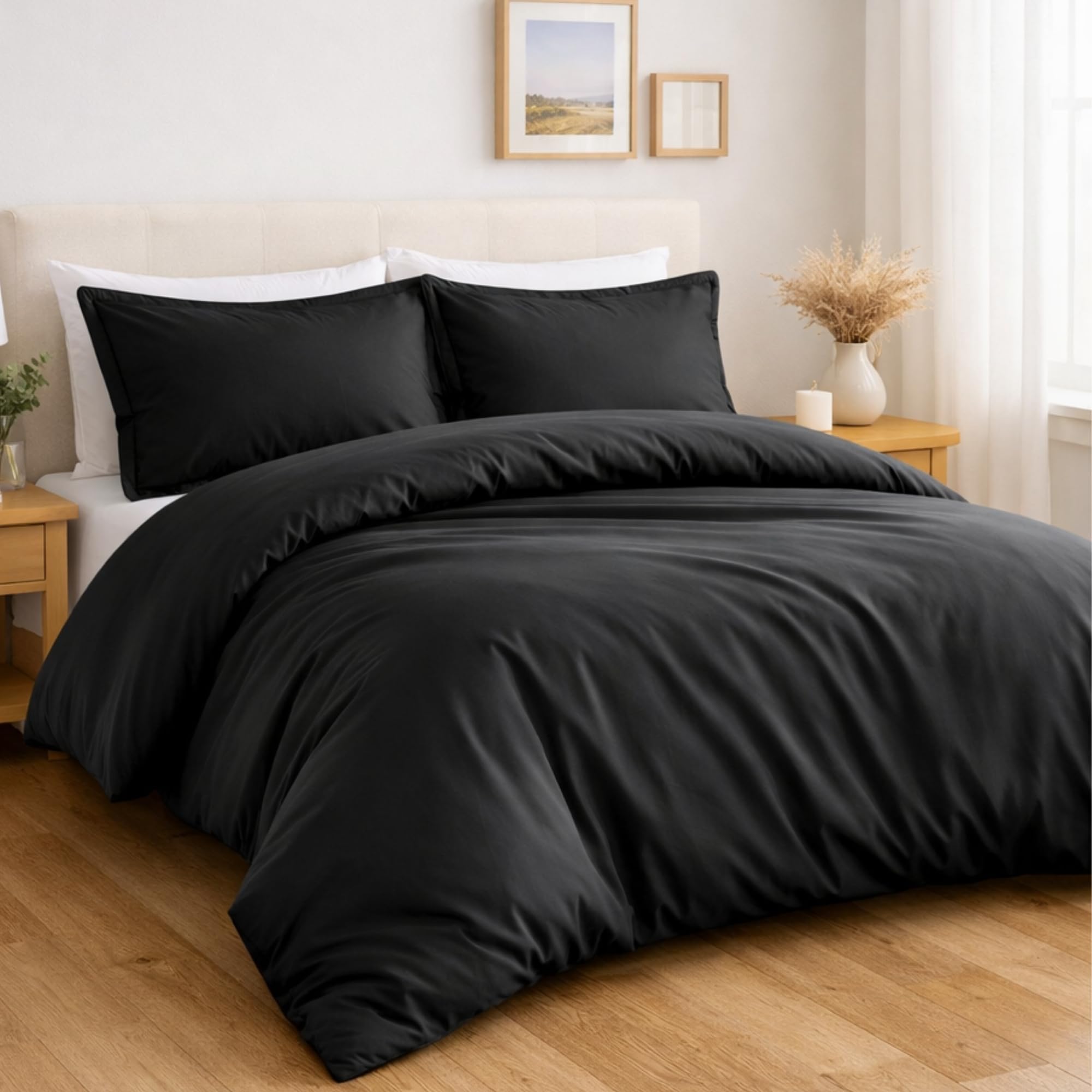 AQS INTERNATIONAL - Plain Super King Duvet Cover Set - Ultra Soft Brushed Microfiber Black Bedding Set with Pillow Cases - Breathable Durable Easy Care Comfortable Luxury Bedroom Bedding for Home