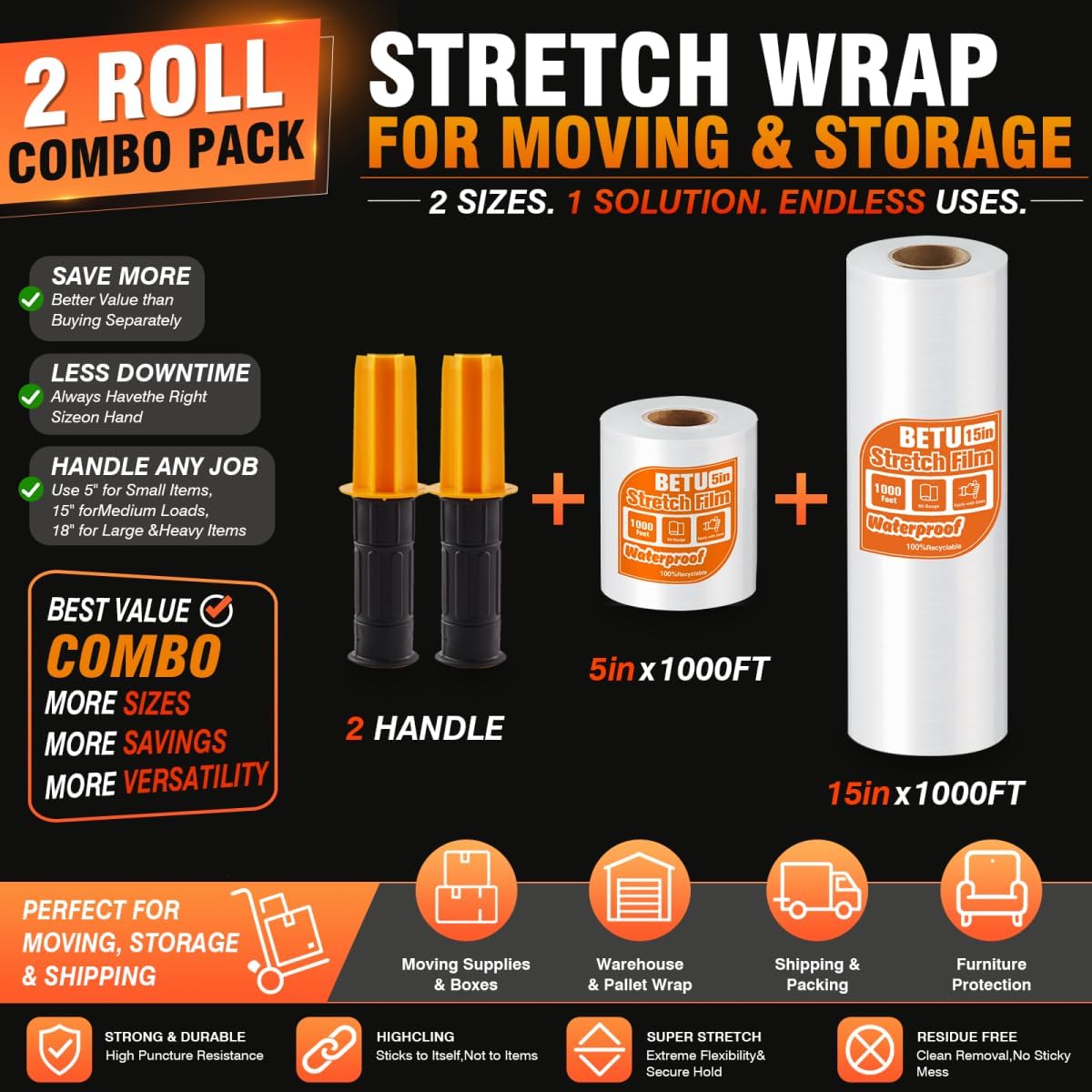Stretch Film Shrink Wrap Flexible Moving Kit (5"+15") x 1000 Ft for Moving Supplies, Heavy Duty Plastic Wrap Stretch Roll for Moving Boxes Toys Books Pallet Wrapping Furniture with Handles, Clear image 3