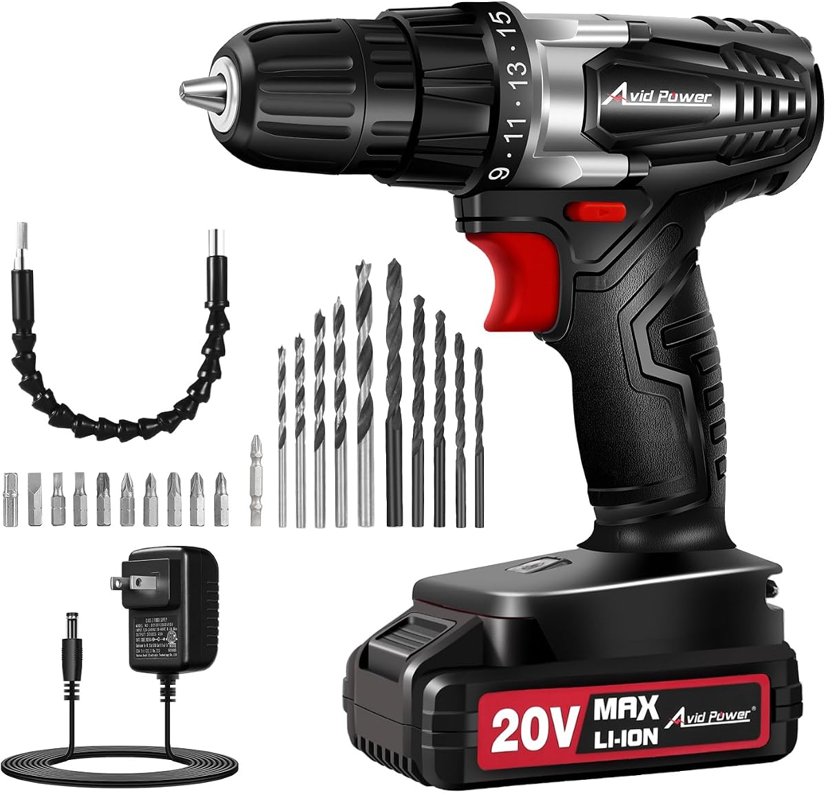 AVID POWER 20V Cordless Power Drill Set 3/8“ Electric Driver Kit for DIY | Variable Speed, Drill Bit, Flexible Shaft, for Furniture Assembly Home Repair, Rechargeable Battery, Charger, 22 Accessories,