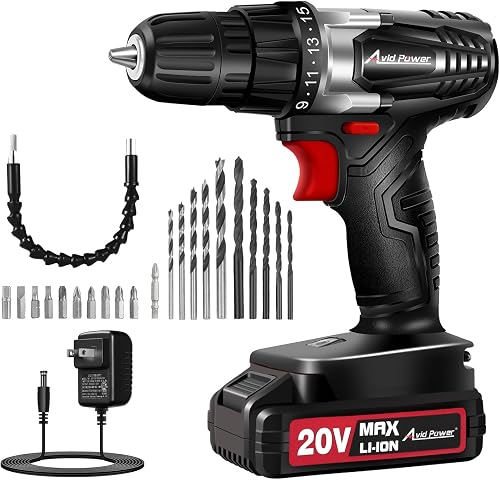 AVID POWER 20V Cordless Power Drill Set 3/8“ Electric Driver Kit for DIY | Variable Speed, Drill Bit, Flexible Shaft, for Furniture Assembly Home Repair, Rechargeable Battery, Charger, 22 Accessories,