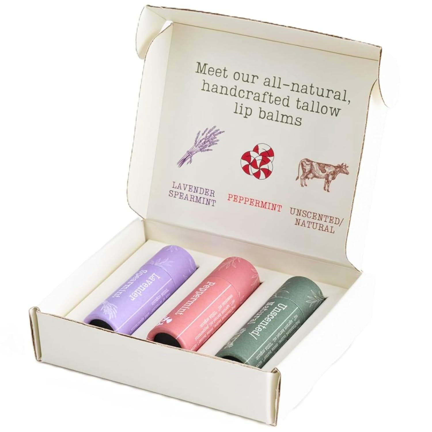 Hearth & Homestead - Handmade Beef Tallow Lip Balm Collection | Organic & Natural Lip Stick Moisturizer - For Women and Men - Ideal Gift - Unscented/Peppermint/Lavender-Spearmint (3x .33 oz)
