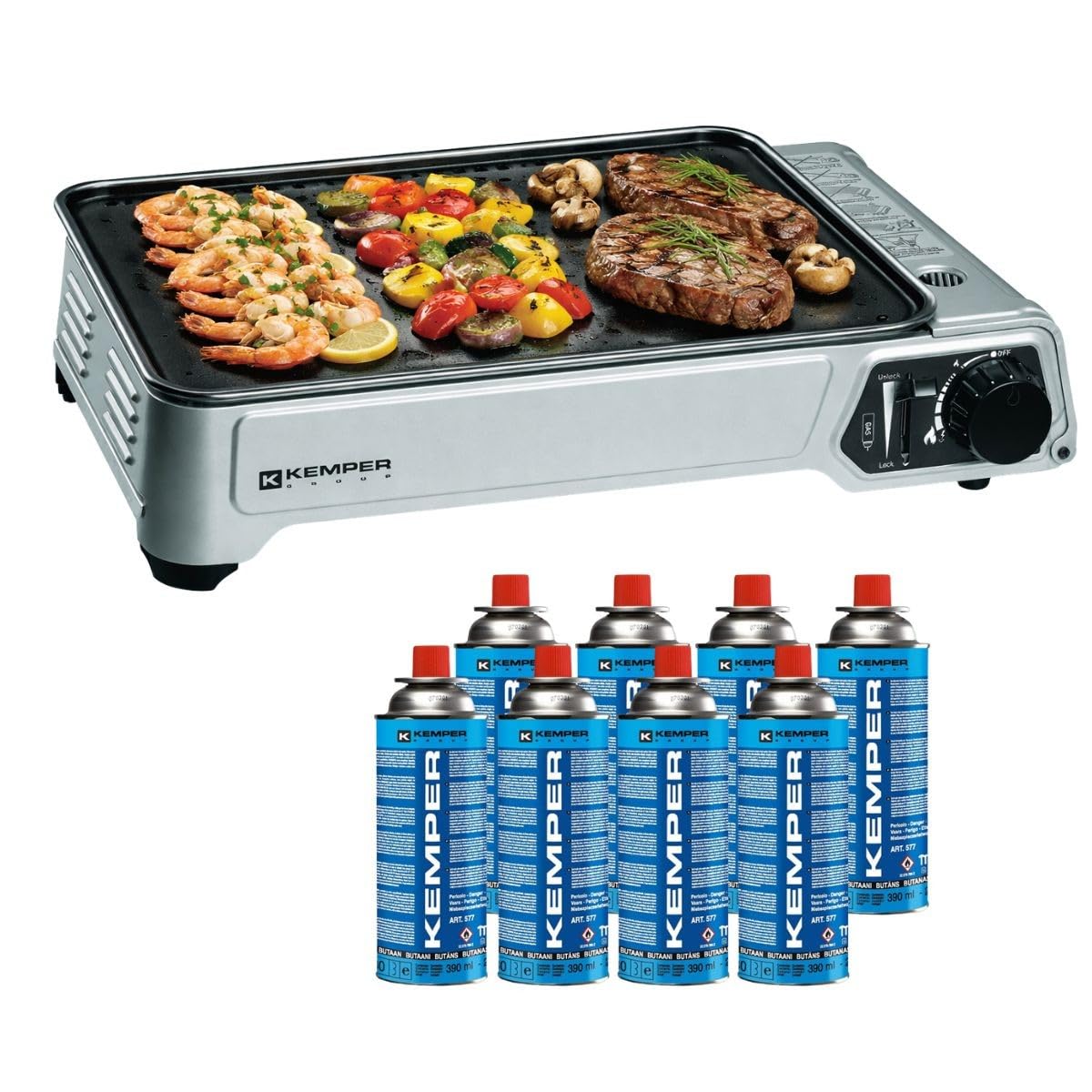 KEMPER - Plancha de gas portátil de 2300 W, placa antiadherente + 8 cartuchos de gas camping + maleta de transporte