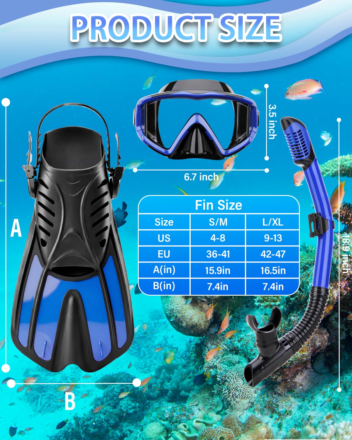 Sprzęt do snorkelingu z 3 okienkami dla dzieci i dorosłych, zestaw płetw 4 w 1, z maską do nurkowania, rurką suchą, regulowanymi krótkimi płetwami i torbą