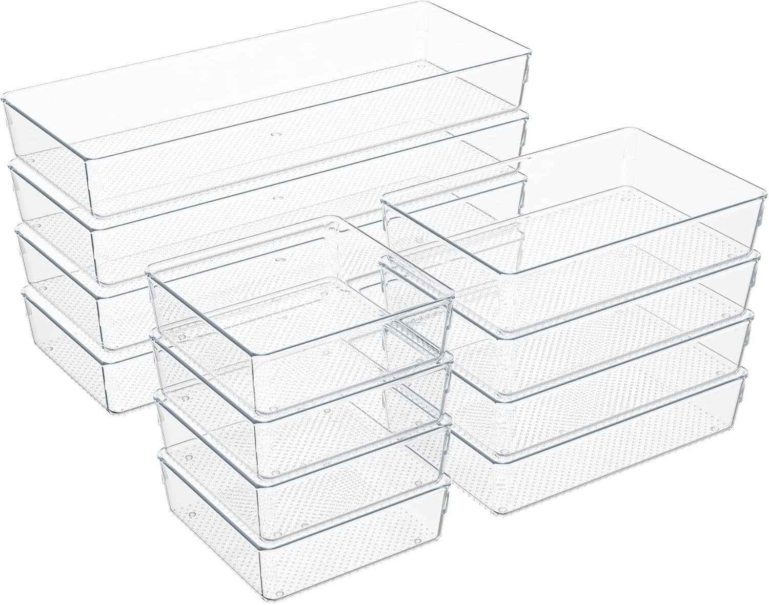 Clear Plastic Drawer Organizer Set for Kitchen, Bathroom, Office, Cosmetics & Tools - Multifunctional Storage Trays with Adjustable Dividers, Space-Saving Transparent Design (Clear, 12 Pcs)