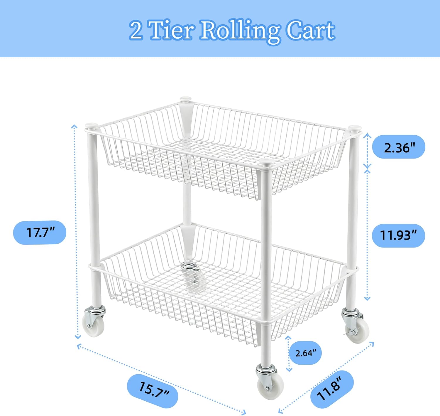 2 Tier Small Utility Cart on Wheels Short Rolling Pantry Cart Thick Metal Wire Basket Stand, Fruit Vegetables Storage Rack for Kitchen, Under Desk Storage for Small Space Bathroom Laundry, White