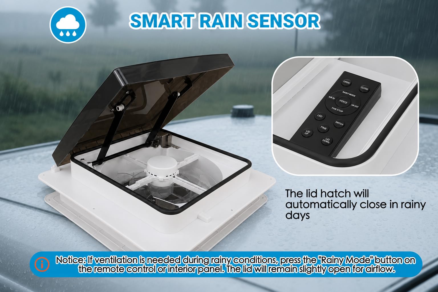 Ventilador de techo para caravanas, homologado 43R Claraboya, Nivel de ruido ultra bajo de escape reversible con sensor de lluvia, ventilador permanente de nivel automático para autocaravana