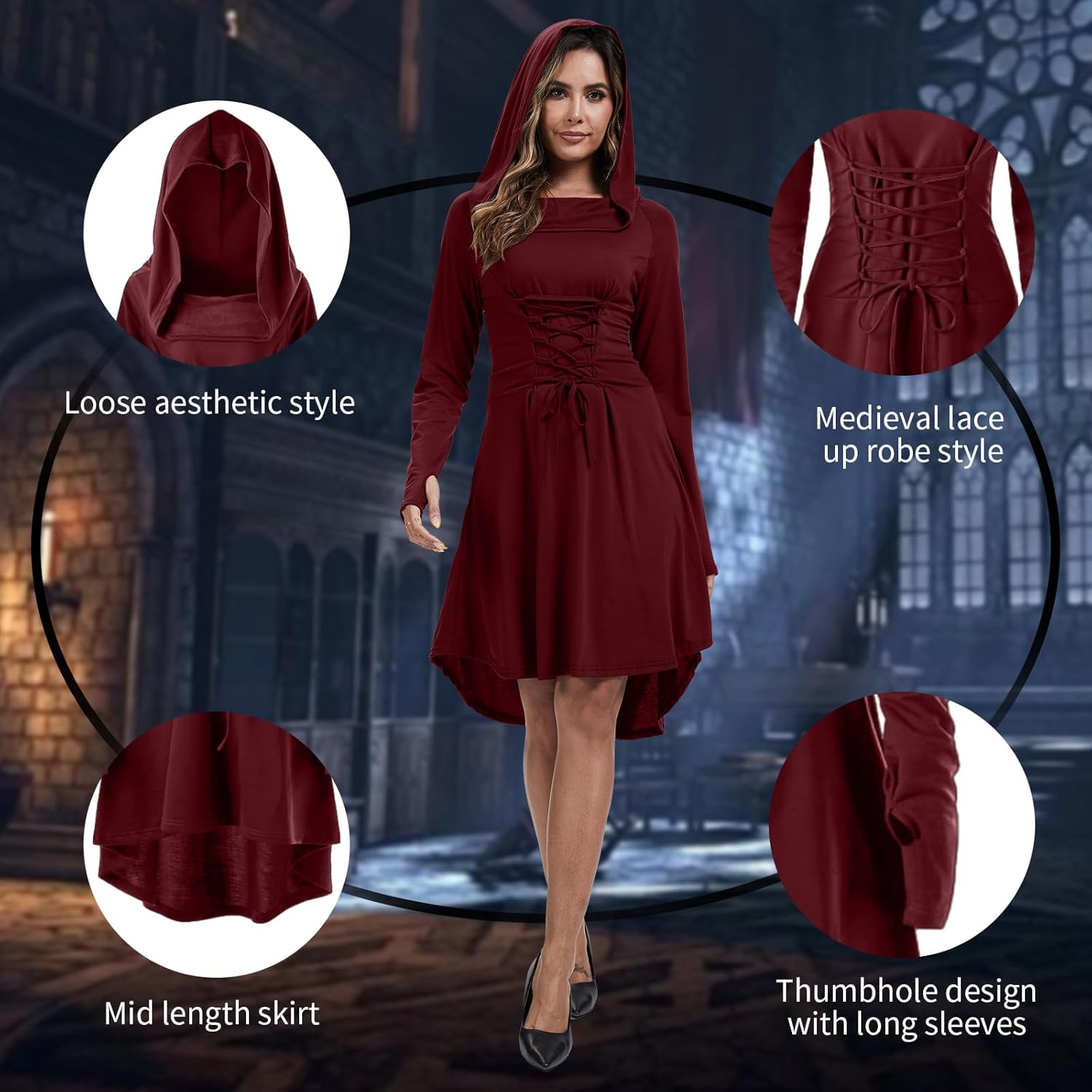 Womens Renaissance Costumes Hooded Robe Lace Up Halloween Medieval High Low Long Hoodie Dress Cloak - Image 4