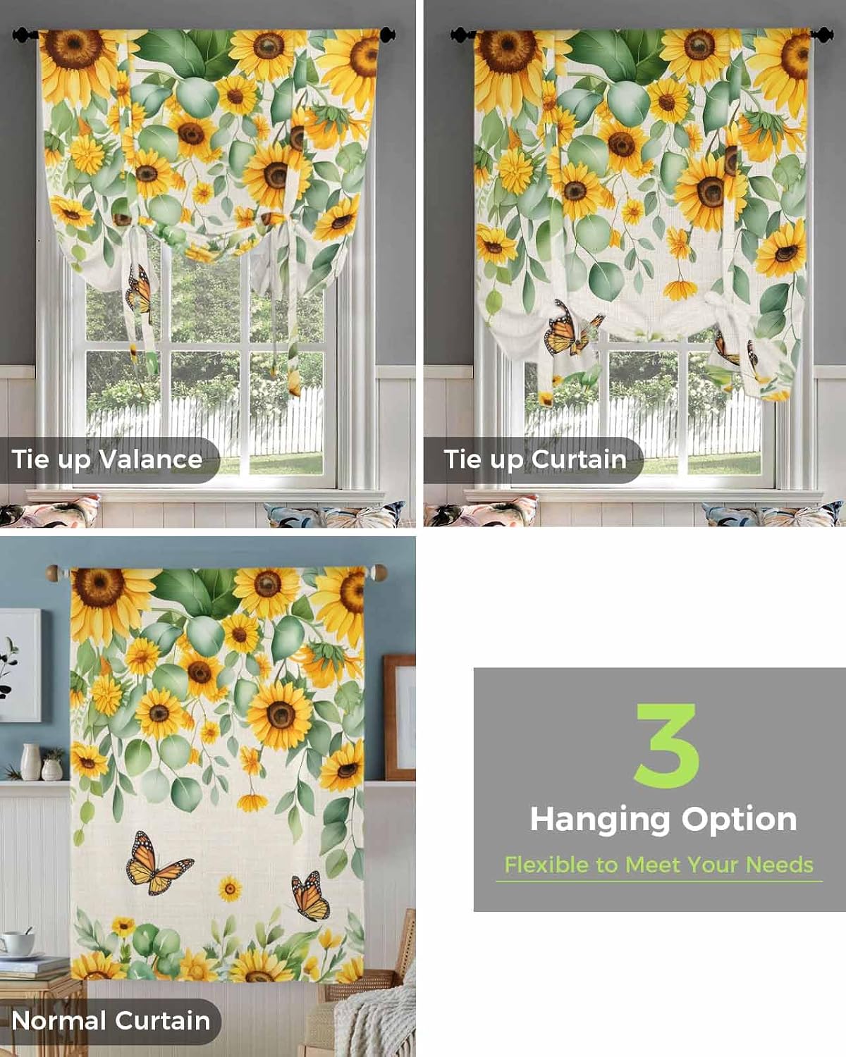 Tie Up Curtains for Windows 46 Wide Tie Up Curtains Polyester Tie Up Valance Country Sunflowers Eucalyptus Leaves on Burlap Balloon Window Shade Curtains for Kitchen Bathroom Small Windows 46"x63"