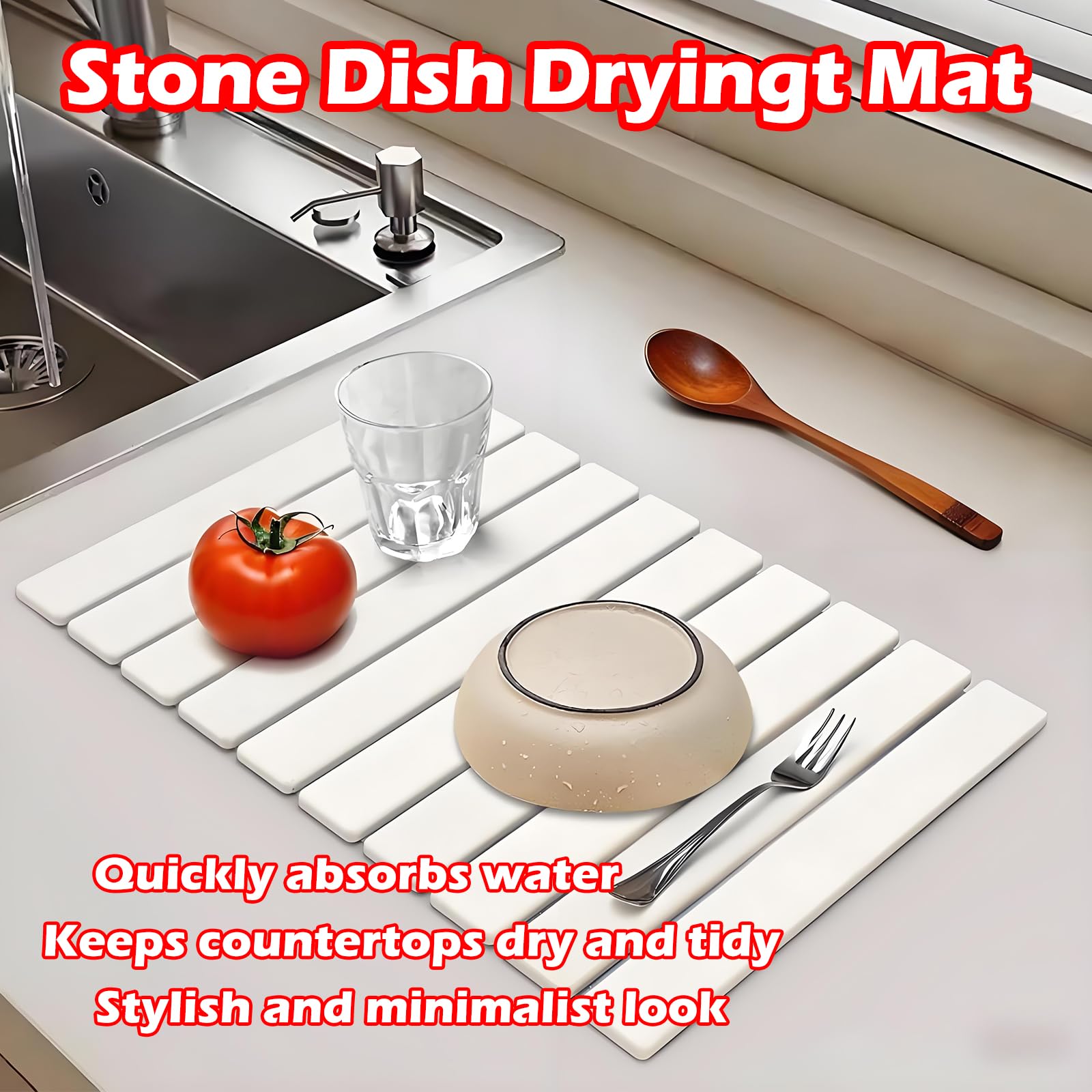 Firmlly Large Stone Dish Drying Mat 24x16 Inches | White Heat-Resistant Collapsible Kitchen Mat | Ultra Absorbent Quick Dry Diatomaceous Earth Pad for Dishes, Bottles, Pots