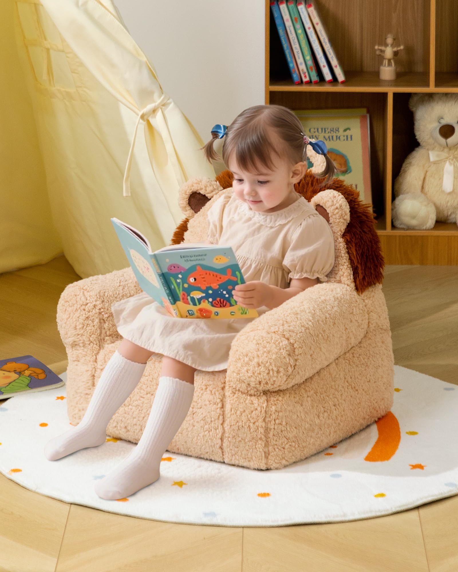 BEJOY Canapé Confortable pour Enfant, Fauteuil Rembourré en Mousse, Canapé Simple Et Douillet en Sherpa pour Garçons Et Filles, Lion
