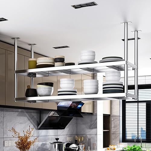 Miniatura 5 de Drsyffsup Estante colgante de cocina, 2 niveles, marco europeo de techo, estantes de almacenamiento para horno de microondas, ollas y sartenes,