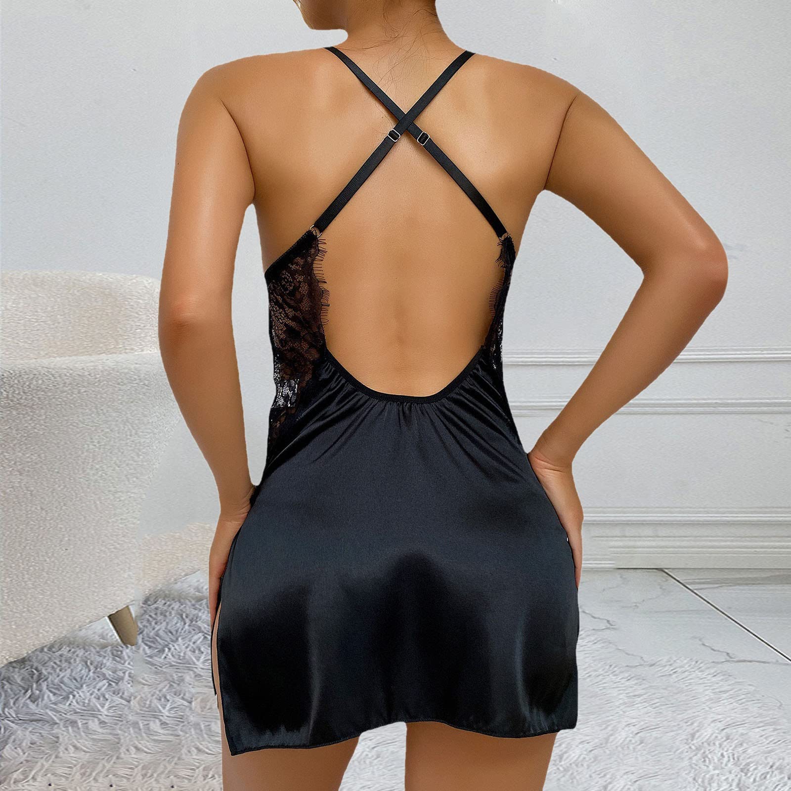 Lingerie Sexy da Donna Pigiama Maglia di Pizzo Camicia da Notte Gonna con Reggicalze Abbigliamento per Donna Lingerie Sexy (Nero M)