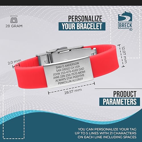 Miniatura 4 de Pulsera de alerta médica PRO THIN ID - Pulsera de emergencia personalizada para mujeres y hombres, silicona cómoda, acero inoxidable resistente al
