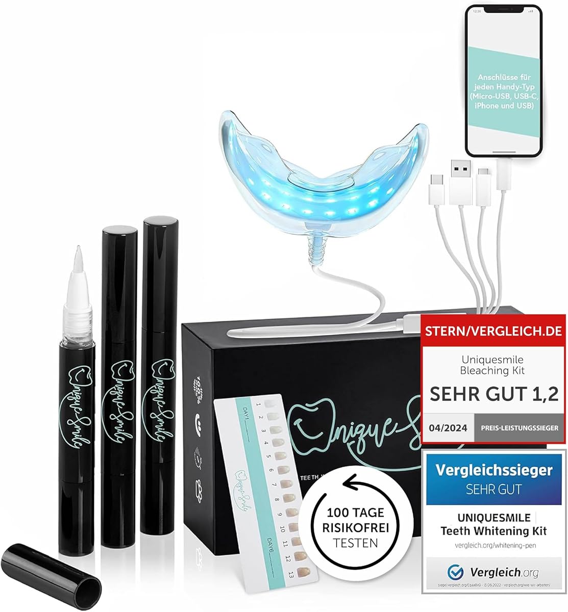 Hochwertiges Teeth whitening kit von UniqueSmile - Testsieger 2023-100 Tage risikofrei testen - All in One Bundle für Zahnaufhellung & weiße Zähne - Zahn Bleaching Set (Basic-Set)
