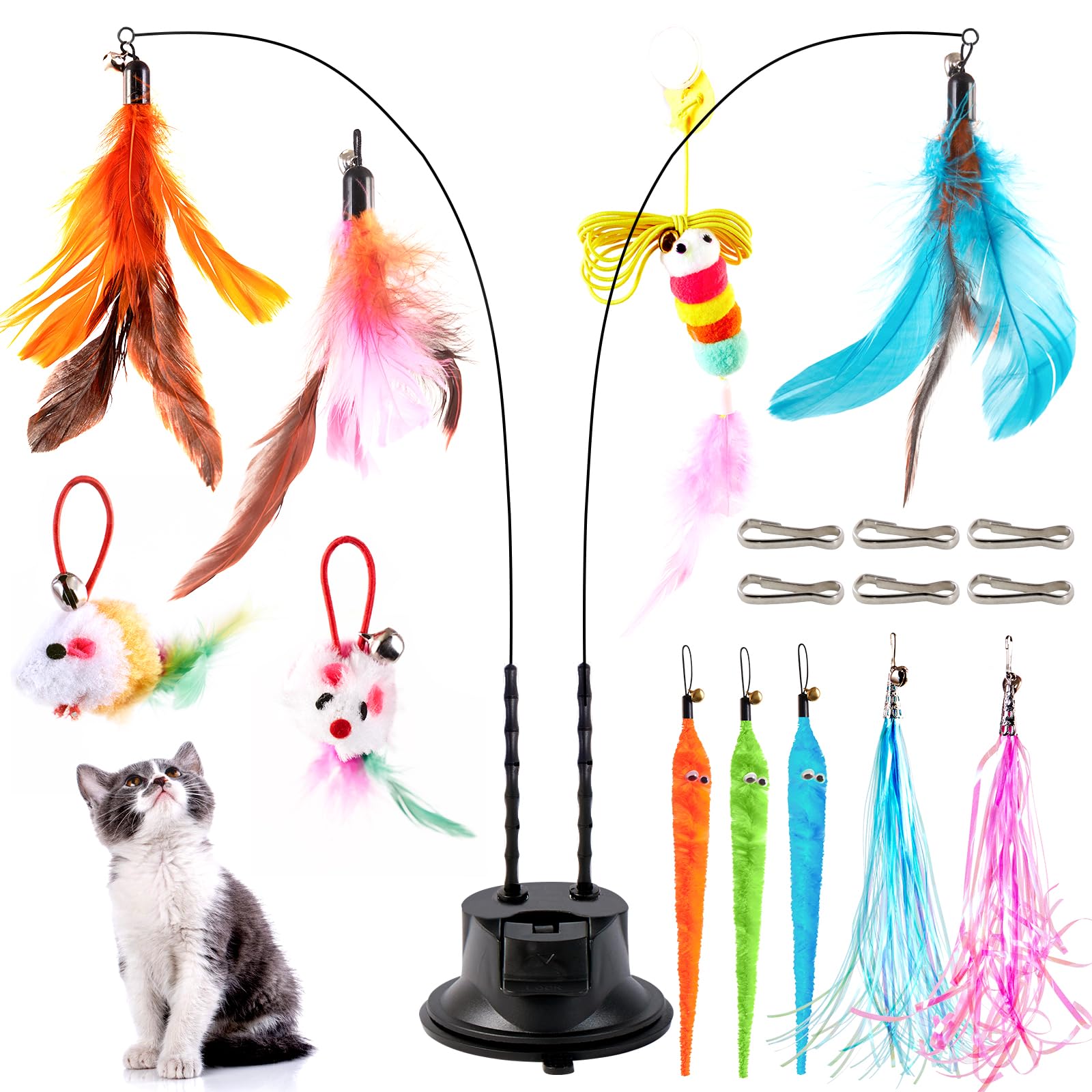 EASY JOY14 Pcs Interactive Cat Toys, Cat Fishing Rod with Double Hole Suction Cup, 2 Cat Wands, 11 Interchangeable Toys,Cat Feather Toy